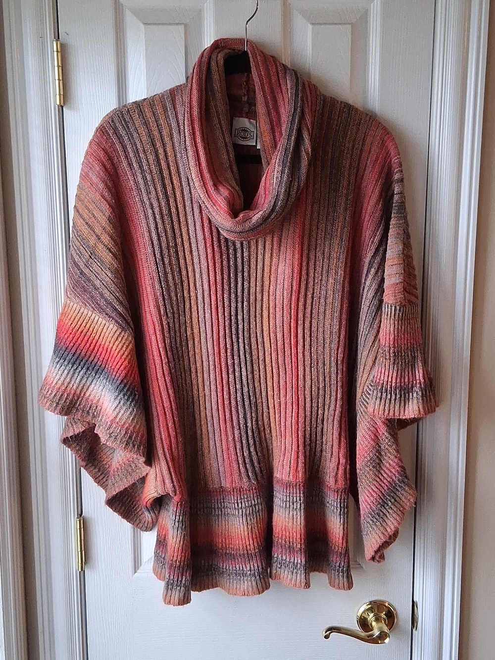 Sweater Ponch Multicolor Ribbed Cowl Women's Striped Earthtone Hue